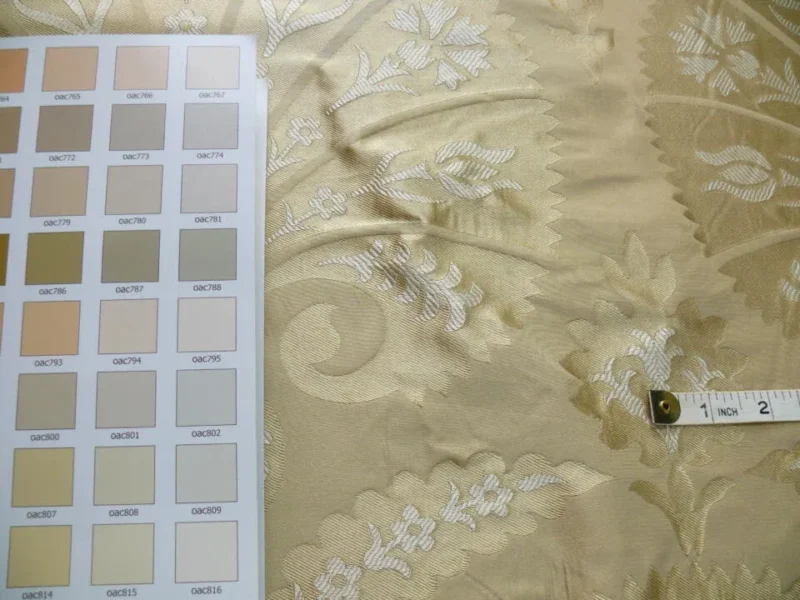 P1100233 100%silk Lampas Tulip Fan Damask 536 "flax" Off White Beige Gold Bty MSRP USD296/y!