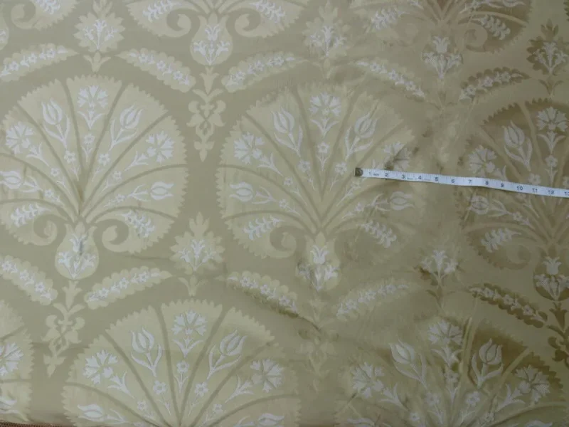 P1100237 100%silk Lampas Tulip Fan Damask 536 "flax" Off White Beige Gold Bty MSRP USD296/y!