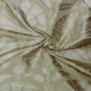 P1100238 100%silk Lampas Tulip Fan Damask 536 "flax" Off White Beige Gold Bty MSRP USD296/y!
