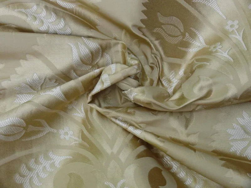 P1100239 100%silk Lampas Tulip Fan Damask 536 "flax" Off White Beige Gold Bty MSRP USD296/y!