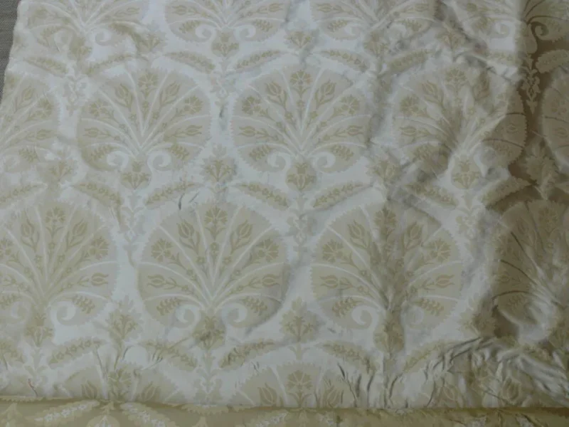 P1100243 100%silk Lampas Tulip Fan Damask 536 "flax" Off White Beige Gold Bty MSRP USD296/y!