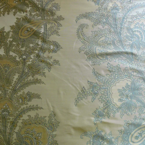 P1100439 by yard 100% Silk Lampas Magnolia "canal" Blue Gold