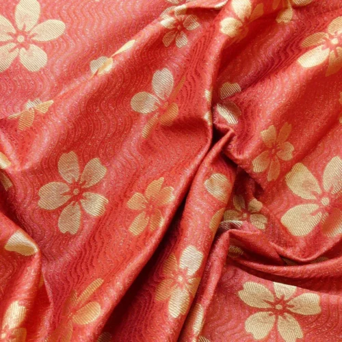 P1100697 By Yard 100% Silk Damask Cherry Blossom on Creek “Crimson” Red White Light Gold Japanese Kimono