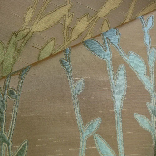 P1130202 By Yard Heavy! 100%silk Lampas Pussy Willow Tree Julep Brown Gold Blue