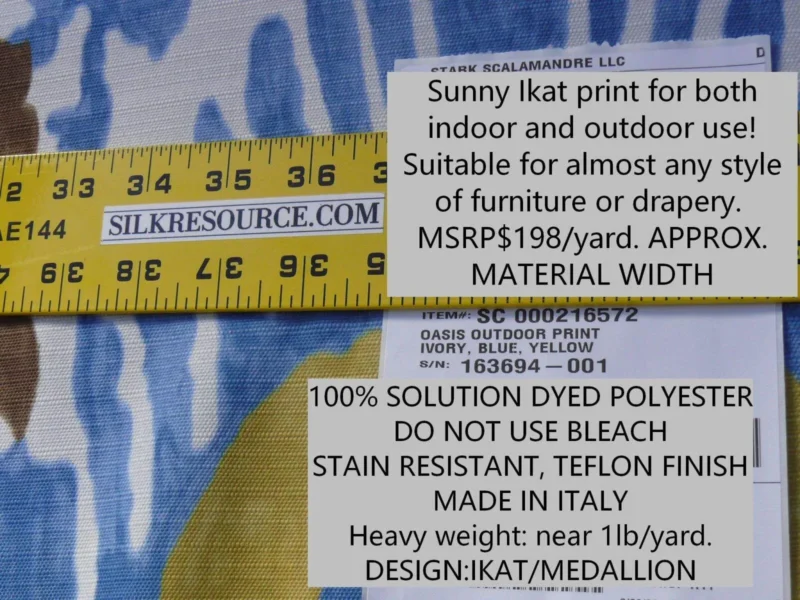 Scalamandre Oasis Outdoor Print Ivory, Blue, Yellow Large Ikat Suzani MSRP USD 198/Y