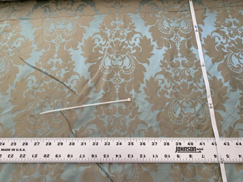 100% Silk Damask Aqua Blue Celadon & Taupe Renaissance Dye Stained