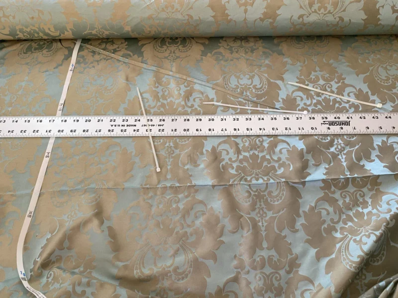 100% Silk Damask Aqua Blue Celadon & Taupe Renaissance Dye Stained