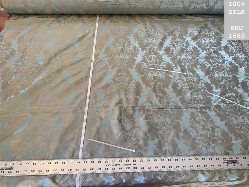 100% Silk Damask Aqua Blue Celadon & Taupe Renaissance Dye Stained