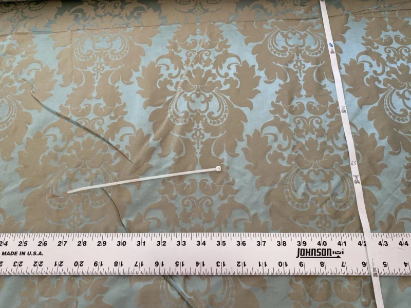 100% Silk Damask Aqua Blue Celadon & Taupe Renaissance Dye Stained