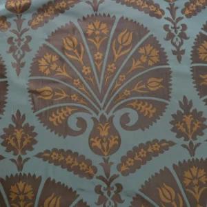 P1110665 100%silk Lampas Tulip Fan Damask 536 "branch" Teal Blue Brown Gold Bty MSRP USD296/y!