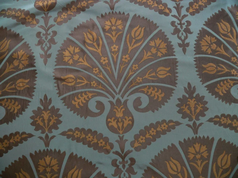 P1110665 100%silk Lampas Tulip Fan Damask 536 "branch" Teal Blue Brown Gold Bty MSRP USD296/y!