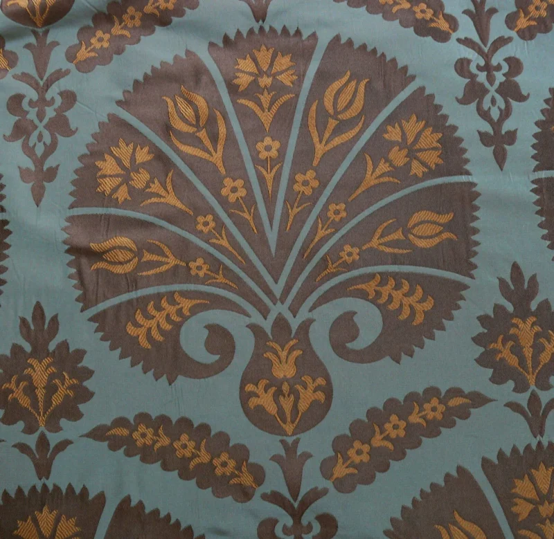 P1110665C 100%silk Lampas Tulip Fan Damask 536 "branch" Teal Blue Brown Gold Bty MSRP USD296/y!