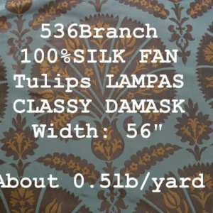 P1110665tag 100%silk Lampas Tulip Fan Damask 536 "branch" Teal Blue Brown Gold Bty MSRP USD296/y!
