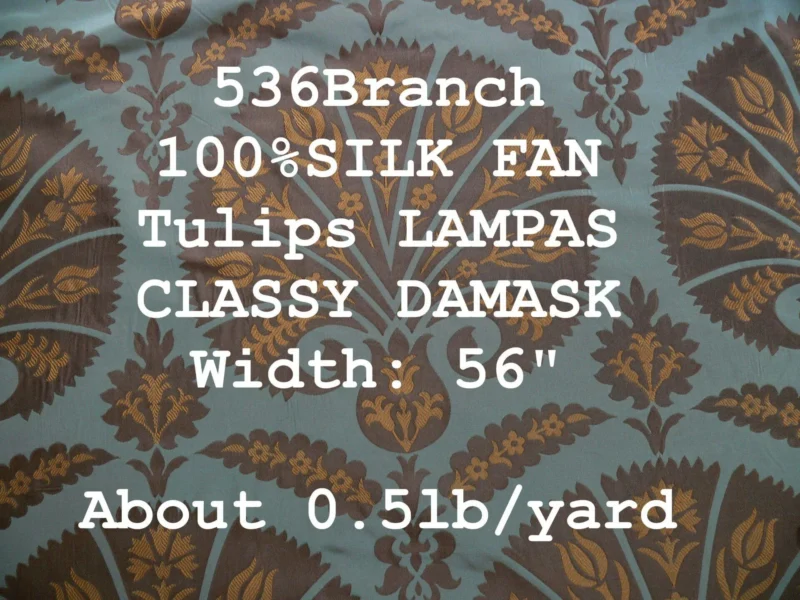 P1110665tag 100%silk Lampas Tulip Fan Damask 536 "branch" Teal Blue Brown Gold Bty MSRP USD296/y!