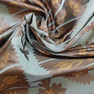 P1110666 100%silk Lampas Tulip Fan Damask 536 "branch" Teal Blue Brown Gold Bty MSRP USD296/y!