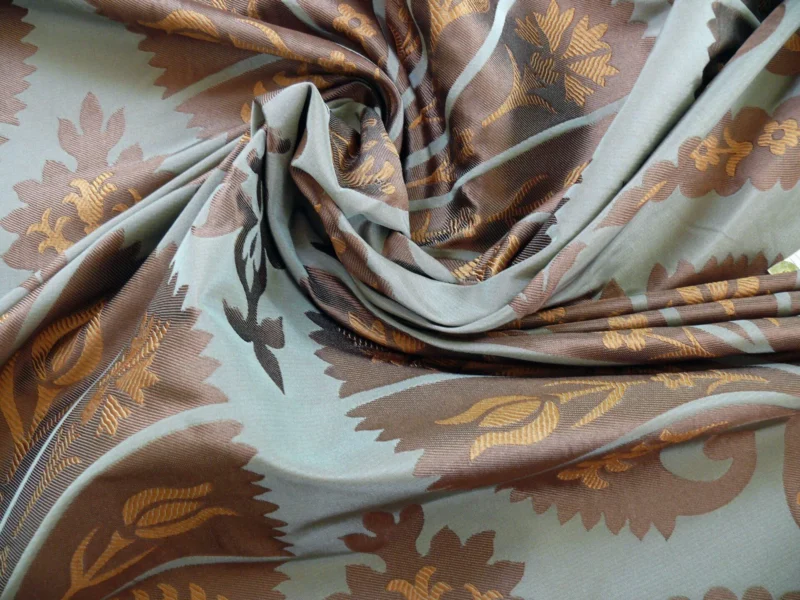P1110666 100%silk Lampas Tulip Fan Damask 536 "branch" Teal Blue Brown Gold Bty MSRP USD296/y!