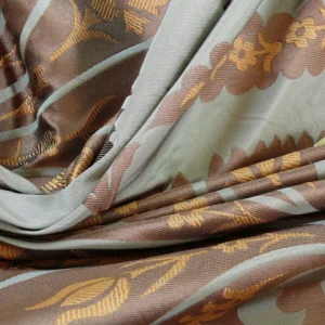 P1110667 100%silk Lampas Tulip Fan Damask 536 "branch" Teal Blue Brown Gold Bty MSRP USD296/y!