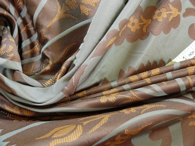 P1110667 100%silk Lampas Tulip Fan Damask 536 "branch" Teal Blue Brown Gold Bty MSRP USD296/y!