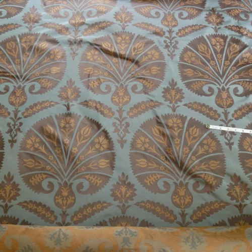 P1110668 100%silk Lampas Tulip Fan Damask 536 "branch" Teal Blue Brown Gold Bty MSRP USD296/y!