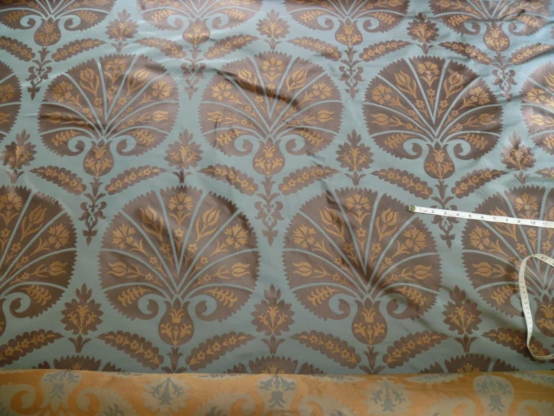 P1110668 100%silk Lampas Tulip Fan Damask 536 "branch" Teal Blue Brown Gold Bty MSRP USD296/y!