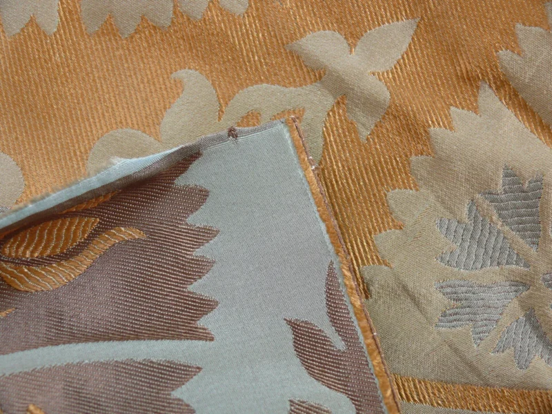 P1110669 100%silk Lampas Tulip Fan Damask 536 "branch" Teal Blue Brown Gold Bty MSRP USD296/y!