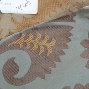 P1100226 100%silk Lampas Tulip Fan Damask 536 "branch" Teal Blue Brown Gold Bty MSRP USD296/y!