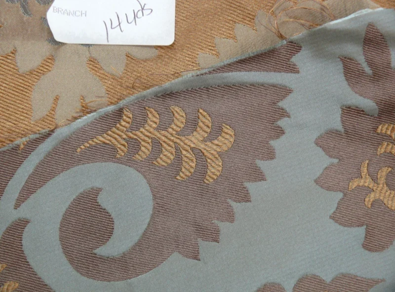 P1100226 100%silk Lampas Tulip Fan Damask 536 "branch" Teal Blue Brown Gold Bty MSRP USD296/y!