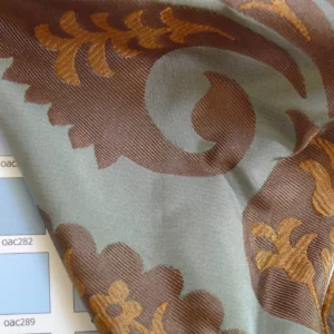 P1110671 100%silk Lampas Tulip Fan Damask 536 "branch" Teal Blue Brown Gold Bty MSRP USD296/y!