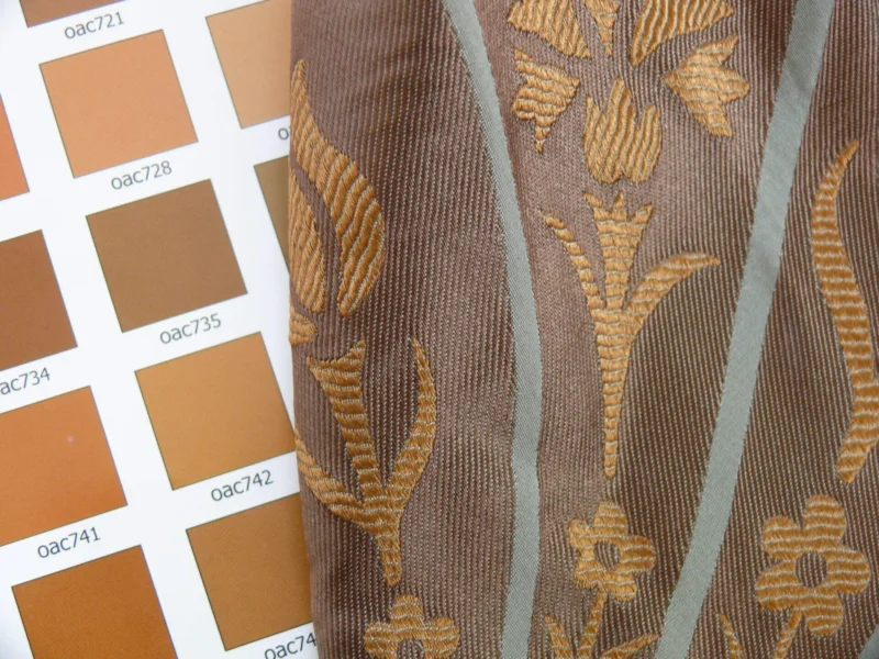 P1110672 100%silk Lampas Tulip Fan Damask 536 "branch" Teal Blue Brown Gold Bty MSRP USD296/y!