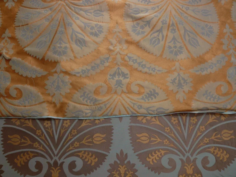 P1110676 100%silk Lampas Tulip Fan Damask 536 "branch" Teal Blue Brown Gold Bty MSRP USD296/y!
