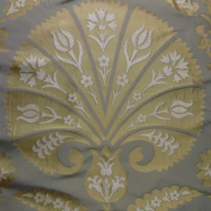 P1110677 by yard 100%silk Lampas Tulip Fan Damask 536 "pool" Aqua Blue Cream Gold Bty MSRP USD296/y!