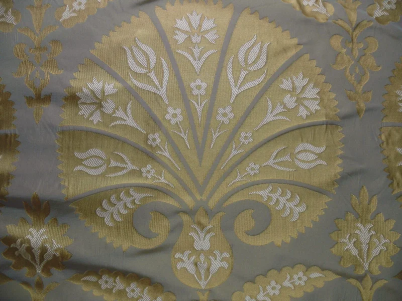 P1110677 by yard 100%silk Lampas Tulip Fan Damask 536 "pool" Aqua Blue Cream Gold Bty MSRP USD296/y!