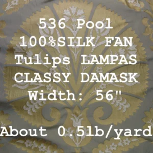 P1110677tag by yard 100%silk Lampas Tulip Fan Damask 536 "pool" Aqua Blue Cream Gold Bty MSRP USD296/y!
