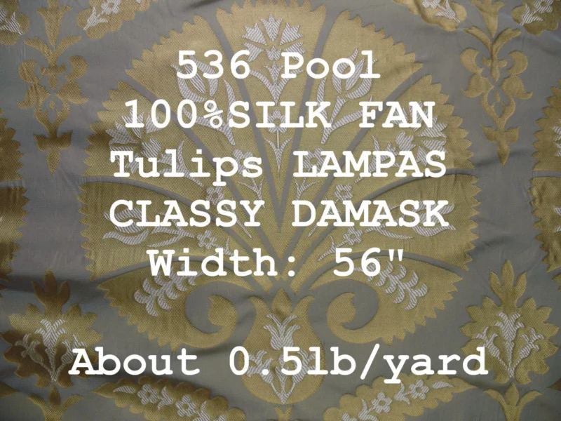 P1110677tag by yard 100%silk Lampas Tulip Fan Damask 536 "pool" Aqua Blue Cream Gold Bty MSRP USD296/y!