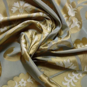 P1110680 by yard 100%silk Lampas Tulip Fan Damask 536 "pool" Aqua Blue Cream Gold Bty MSRP USD296/y!