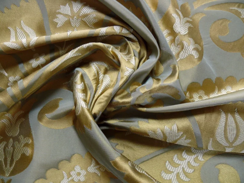 P1110680 by yard 100%silk Lampas Tulip Fan Damask 536 "pool" Aqua Blue Cream Gold Bty MSRP USD296/y!