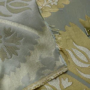 P1110683 by yard 100%silk Lampas Tulip Fan Damask 536 "pool" Aqua Blue Cream Gold Bty MSRP USD296/y!