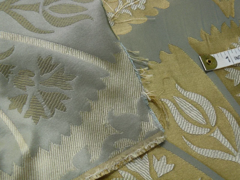 P1110683 by yard 100%silk Lampas Tulip Fan Damask 536 "pool" Aqua Blue Cream Gold Bty MSRP USD296/y!