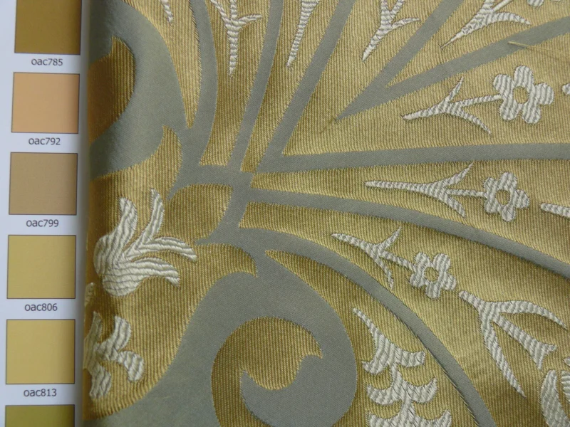 P1110685 by yard 100%silk Lampas Tulip Fan Damask 536 "pool" Aqua Blue Cream Gold Bty MSRP USD296/y!