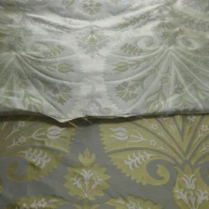 P1110686 by yard 100%silk Lampas Tulip Fan Damask 536 "pool" Aqua Blue Cream Gold Bty MSRP USD296/y!