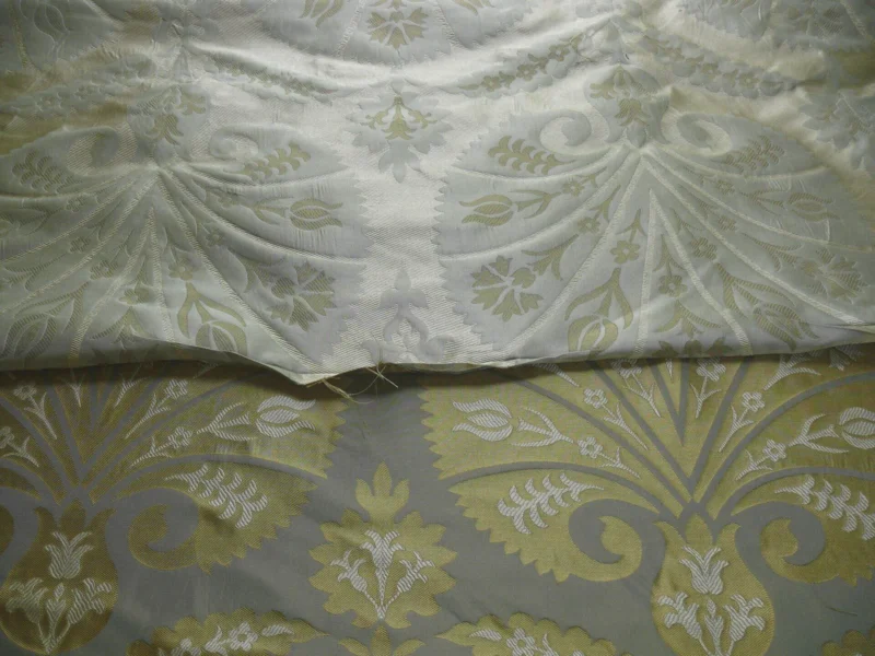 P1110686 by yard 100%silk Lampas Tulip Fan Damask 536 "pool" Aqua Blue Cream Gold Bty MSRP USD296/y!