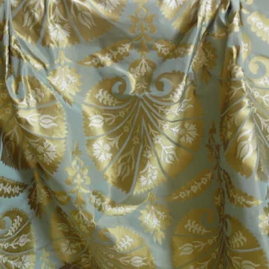 P1110687 by yard 100%silk Lampas Tulip Fan Damask 536 "pool" Aqua Blue Cream Gold Bty MSRP USD296/y!