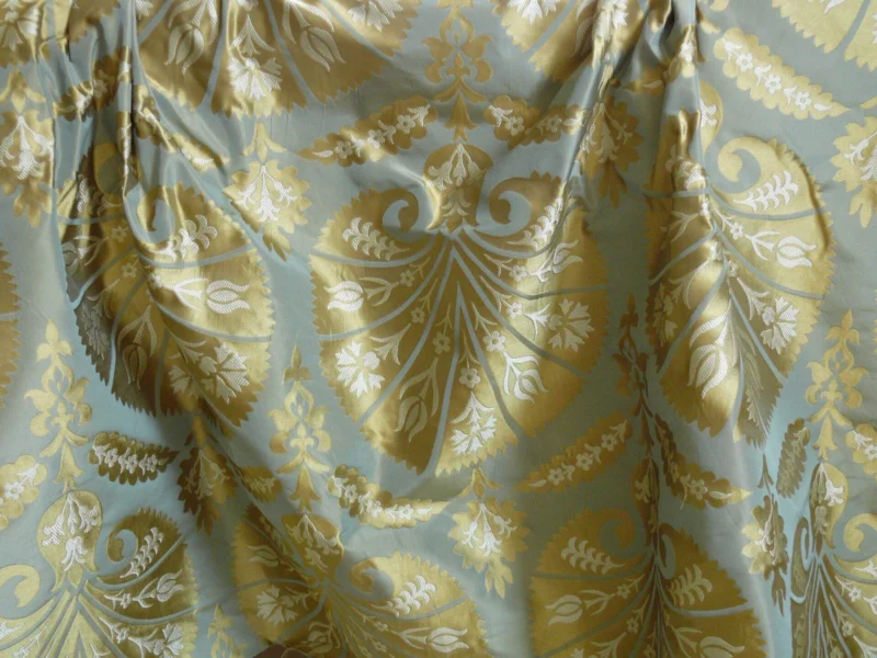 P1110687 by yard 100%silk Lampas Tulip Fan Damask 536 "pool" Aqua Blue Cream Gold Bty MSRP USD296/y!