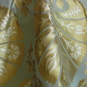 P1110688 by yard 100%silk Lampas Tulip Fan Damask 536 "pool" Aqua Blue Cream Gold Bty MSRP USD296/y!