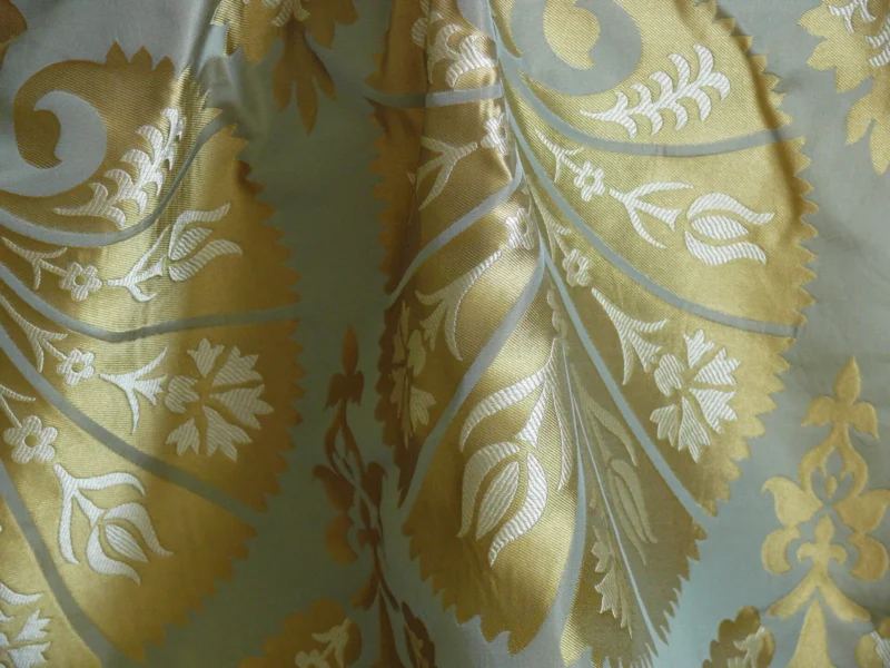 P1110688 by yard 100%silk Lampas Tulip Fan Damask 536 "pool" Aqua Blue Cream Gold Bty MSRP USD296/y!
