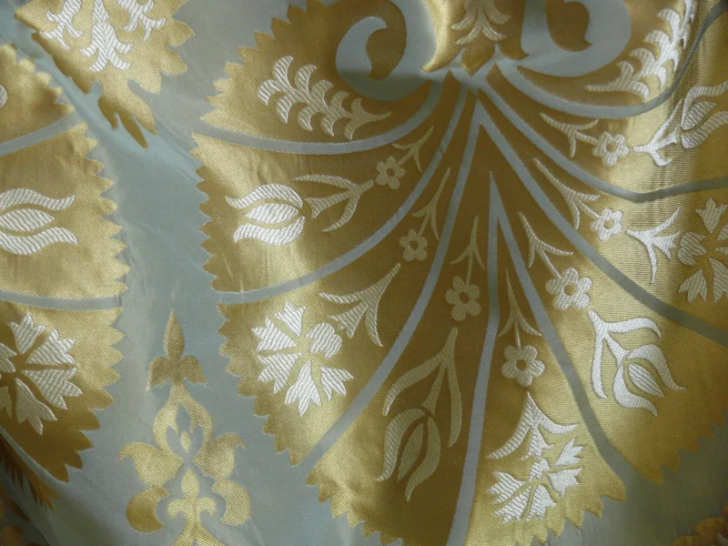 P1110689 by yard 100%silk Lampas Tulip Fan Damask 536 "pool" Aqua Blue Cream Gold Bty MSRP USD296/y!
