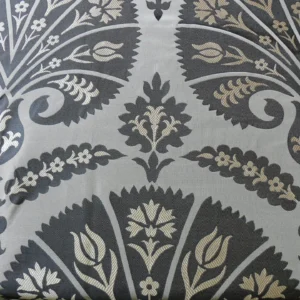 P1120887 100%silk Lampas Tulip Fan Damask 536 "smoke" Black Charcoal Silver Gold Bty MSRP USD296/y!
