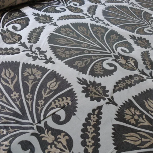 P1120891 100%silk Lampas Tulip Fan Damask 536 "smoke" Black Charcoal Silver Gold Bty MSRP USD296/y!