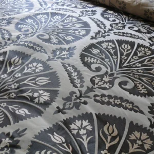P1120892 100%silk Lampas Tulip Fan Damask 536 "smoke" Black Charcoal Silver Gold Bty MSRP USD296/y!