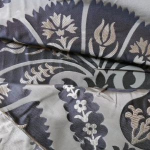 P1120894 100%silk Lampas Tulip Fan Damask 536 "smoke" Black Charcoal Silver Gold Bty MSRP USD296/y!